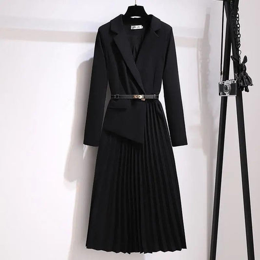 Autumn French Fake Two-piece Suit Dress Feminine Temperament Mid-length Pleated Skirt Ladies Elegant Long-sleeved Slim Skirt