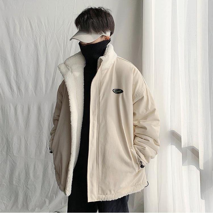 Double-sided Cotton-padded Jacket Hong Kong Style Ins Cotton-padded Jacket Plus Velvet Thick Bread Suit Jacket Men's Winter Lamb Velvet Jacket