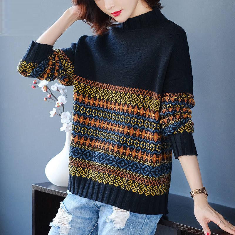 Bohemian Ladies Pullover Sweater Loose Thick Warm High Neck Sweater Vintage Printed Knitted Sweater Outer Wear Autumn Winter