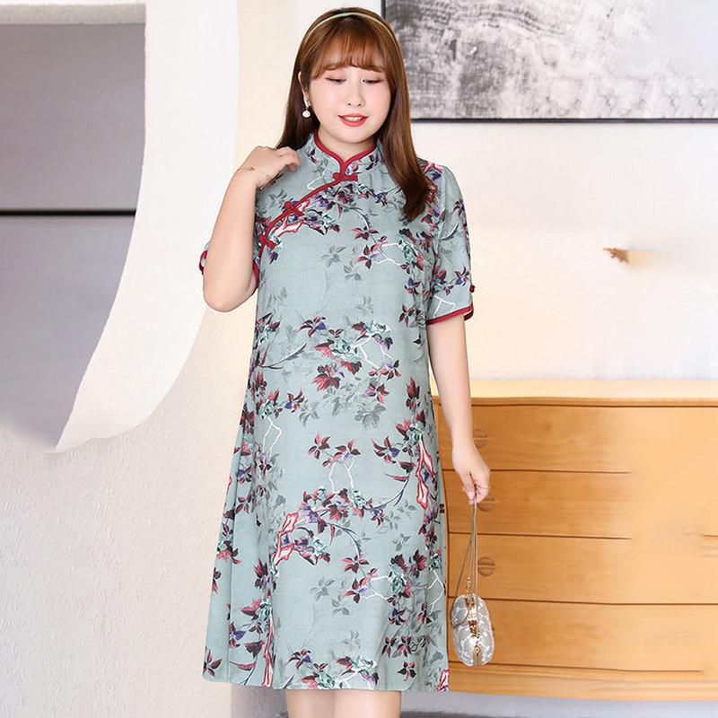 115 Kg Plus Size Women's Summer Dress Fat Sister Retro Temperament Loose and Thin Cheongsam Skirt Dress