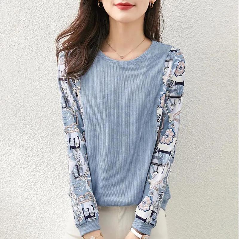 Letter Print Fake Two Piece Top Round Neck Large Size Loose Long Sleeve Spring and Autumn Women's Sweater