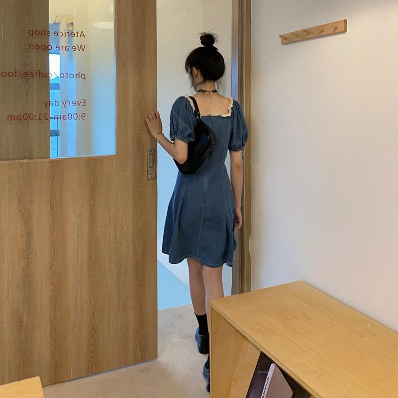 Female Denim Elegant Holiday Dress Lace Up Square Neck Bubble Sleeve Graceful Vintage Party Short Dress