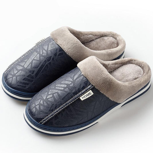 Women's Slippers Leather Winter Windproof Warm Plush Memory Foam Home Slippers for Men House Shoes Plus Size