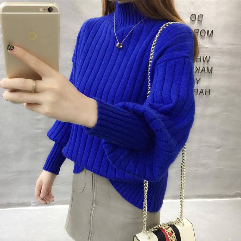 Winter Women Puff Sleeve Half Turtleneck Pullover Sweater Slim Sexy Soft Knitt Sweatshirts