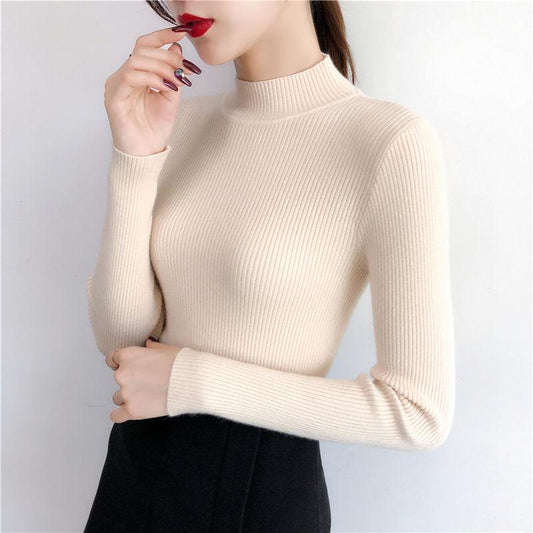 Autumn and Winter Half Turtleneck Sweater Short Knit Bottoming Shirt European and American Style All-match Female Top