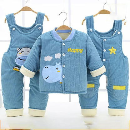 Baby Winter Cotton Three-piece Baby Clothes Plus Velvet Thickening Autumn and Winter Warm Suspenders Out of Cotton Clothing Suit