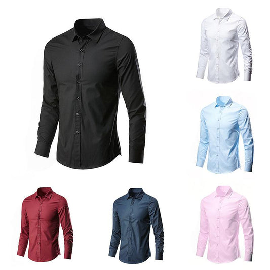 Men Business Tees Casual Shirts Stretch Cardigan Button Down Undies Long Sleeve Dress T-shirts Solid Color Top Male Clothing