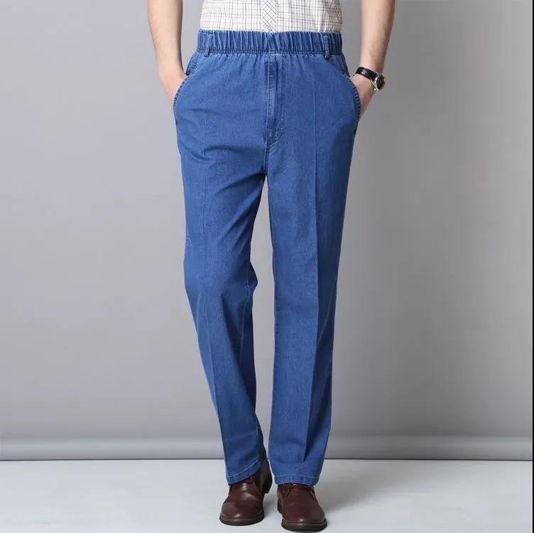 Summer Thin Middle-aged and Elderly Men's Stretch-waist Jeans Loose High-waist Straight-leg Cotton Casual Jeans