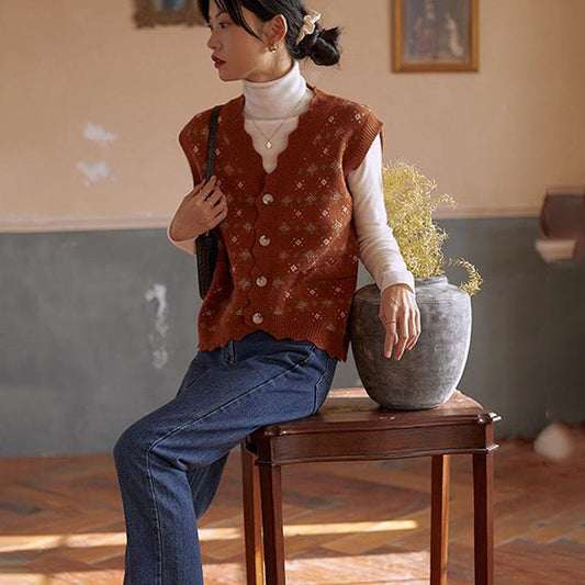 French Retro V-neck Folded Sweater Vest Vest Cardigan Jacket Women Loose Outer Wear Knitted Waistcoat Thin Sleeveless Sweater