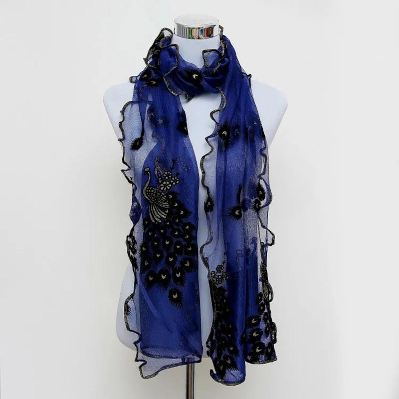 Women's Peacock Embroidery Scarf Bronzing Peacock Silk Scarf Lace Gauze Edging Solid All Match Neck Collar Scarves High Quality Neckerchief Shawls