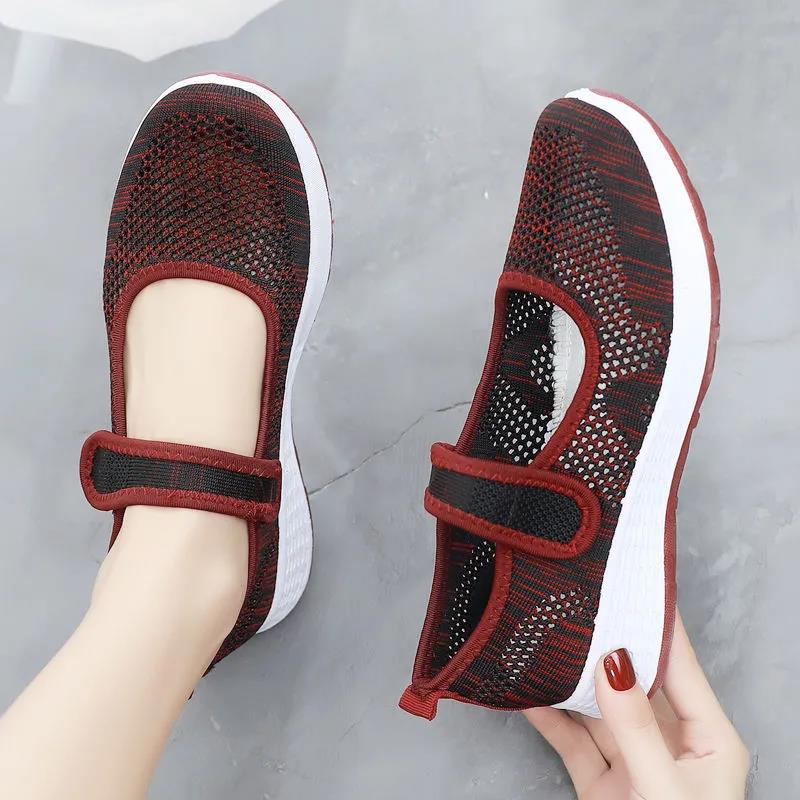 Women's Cloth Shoes Soft Soled Casual Sandals Mesh Breathable Velcro Walking Shoes Non Slip Flat Running Shoes