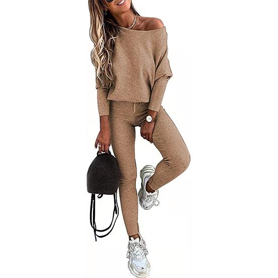 2PCS Women's Solid Color Casual Suit Slanted Shoulder Long Sleeve Loose Top Tie Sports Jogging Trousers Two-piece Suit Workout Clothes Set