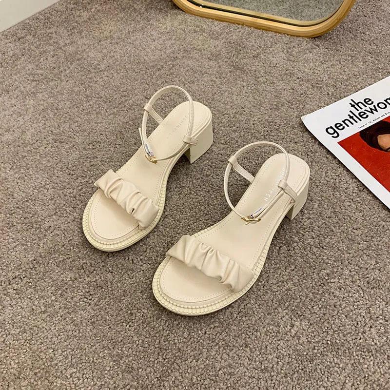 Women's Summer Chunky Heel Sandals Simple All Match Open Toe High Heels Solid Color Pleated Non-slip Sandals