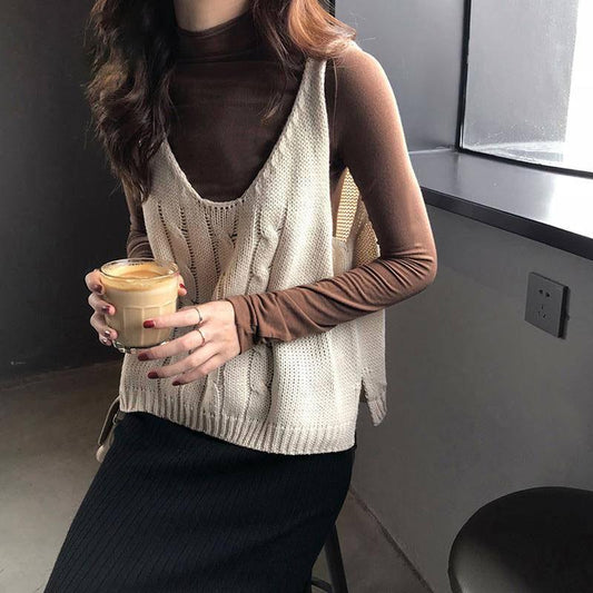 Autumn and Winter Women's V-neck Knitted Pullover Sleeveless Vest with Retro Twist Bottoming Casual