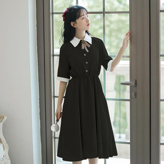 College Style Retro Slim Waist Temperament Dress Female Short-sleeved Mid-length Skirt A-line Skirt Bow Decoration Sweet and Cute