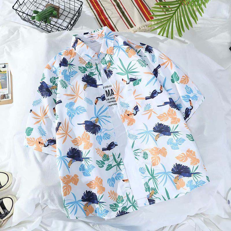 Summer Short-sleeved Shirt Retro Loose Seaside Vacation Hawaiian Flower Shirt Beach Thin Shirt