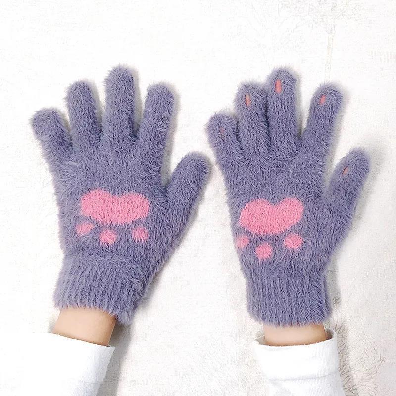 Women's Winter Warm Gloves Cold-proof Cute Sweet Cartoon Dog Paws Plus Velvet Thick Touch Screen Show Finger Five-fingers Cycling Writing Mittens