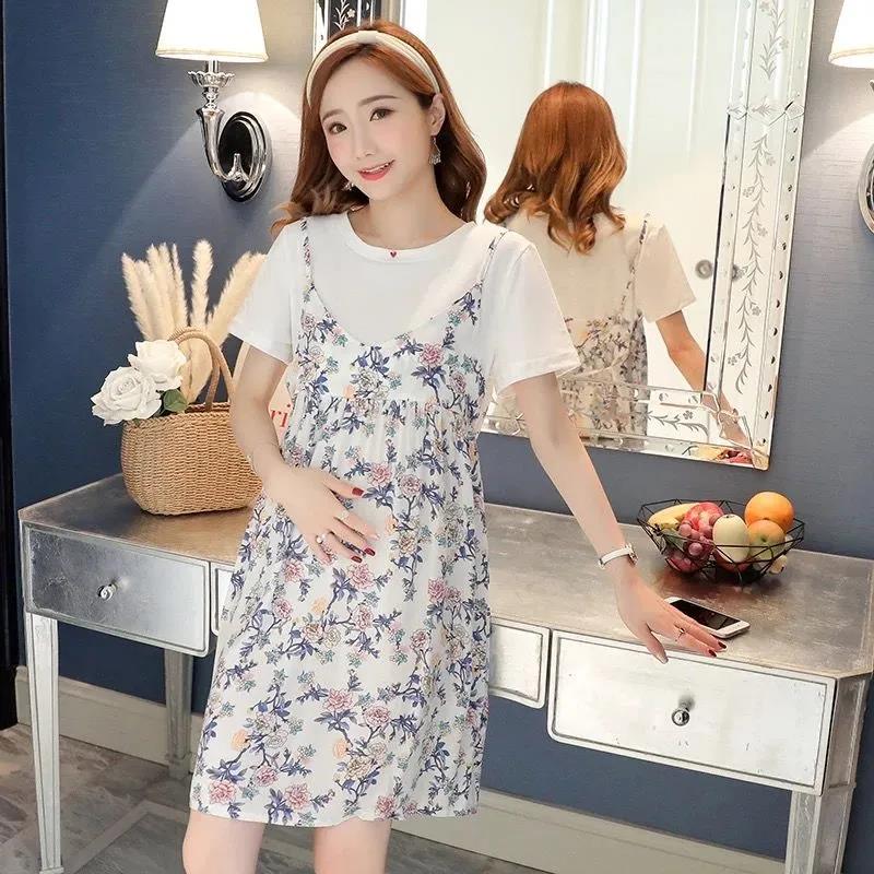 Loose Mid-length Ladies Dress Round Neck Short-sleeved Loose Skirt Casual Skirt Ladies Hanging Wide Loose Dress Sweet and Cute Fabric Soft