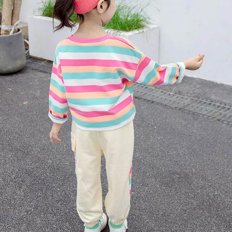 Girls Spring and Autumn Clothes Comfortable Loose Long Sleeves + Casual Pants Suits Girls Baby Color Stripes Cute Two-piece Set