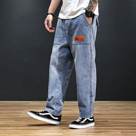 Denim Pants Men's Loose Spring and Autumn Blue Straight Tone Waist Handsome Wide-leg Large Size Casual Jeans