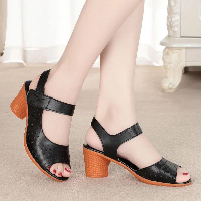 Women's High Heel Soft Sole Sandals Hollow Velcro Sandal Summer Fish Mouth Shoes Heel Sandals Solid Color Simple Temperament Edge Sandals