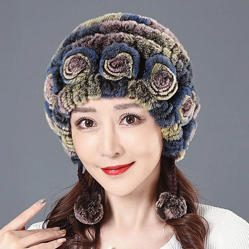 Women's Rex Rabbit Fur Hat Autumn and Winter Elegant Floral Warm Mother's Ear Cap Fur Hat Thick Bib Fur Hat All-match Ear Protection Hat