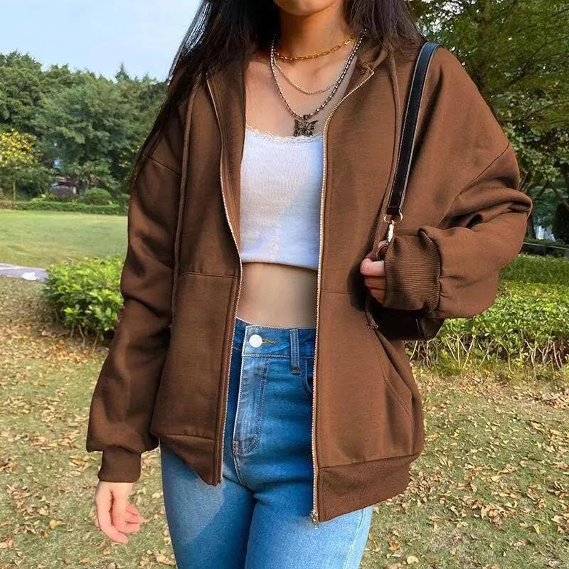 Brown Zip Up Sweatshirt Jacket Clothes Oversize Hoodies Women Plus Size Vintage Pockets Long Sleeve Pullovers