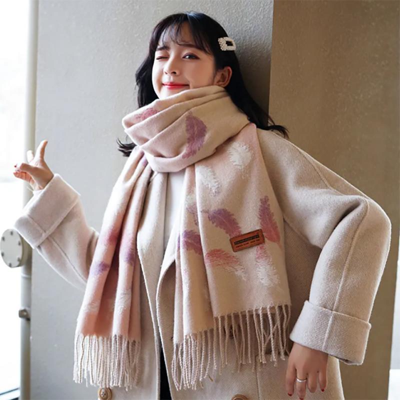 Scarf Female Winter Japanese Trend Imitation Cashmere Gradient Leaf Wild Dual-use Shawl Long Scarf