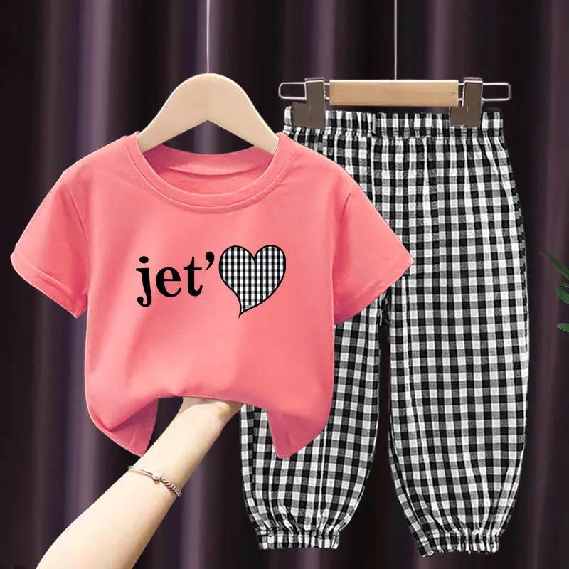 Girls Suit Summer Children's Clothes Thin Section Children's Clothing Printed Short-sleeved Plaid Pants Loose and Comfortable Two-piece Set