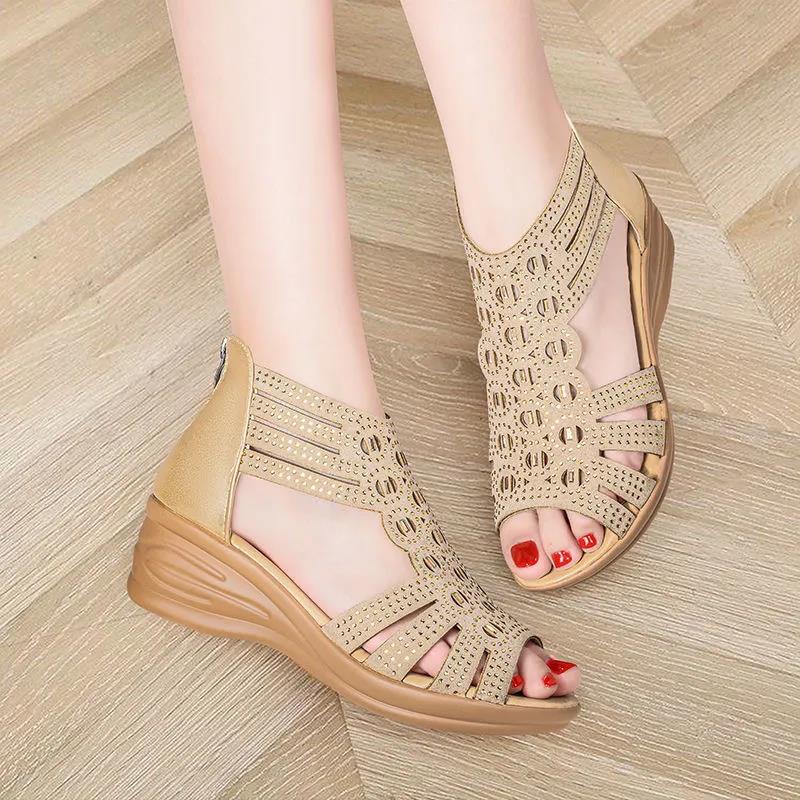 Sandals Women's Summer Slope with Roman Rhinestone Fish Mouth Comfortable Women's Soft-soled Open-toe Sandals Women's High-heeled Sandals