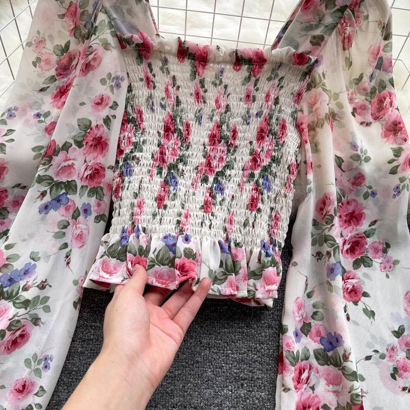 Floral Chiffon Shirt French Sweet Flower Print Bubble Lantern Sleeves Off the Shoulder Top Slim Blouses Sexy Pullover Womens Tops Summer Blouse