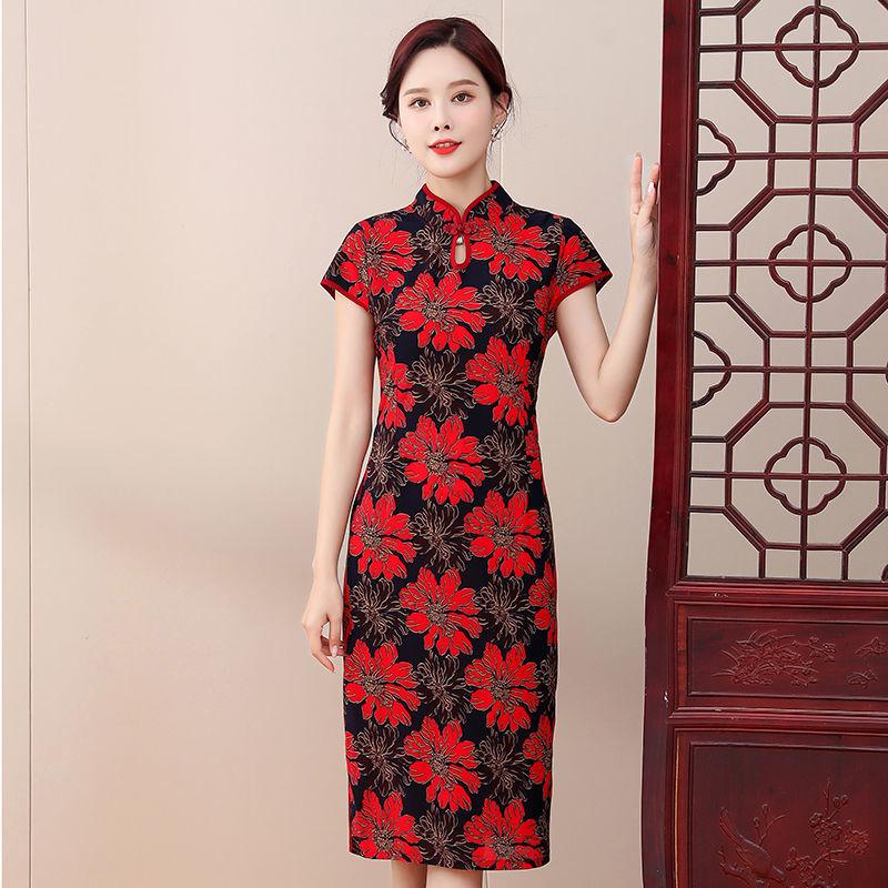 High-end Cheongsam Dress Fat Mother Covering Belly Loose Improved Version Dress Floral Ice Silk Cheongsam Women