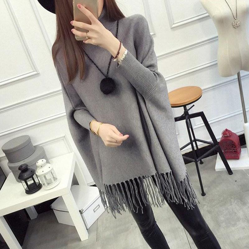 Autumn and Winter High Neck Tassel Sweater Pullover Mid-length Loose Top Knitted Casual Women's Bat Shirt