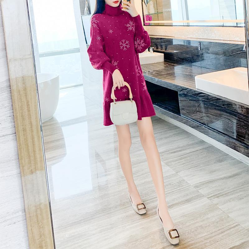 Autumn and Winter Snowflake Knitted Dress Mid-length Thick Turtleneck Sweater Skirt