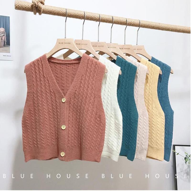 Candy Color Japanese Twist Knit Vest Women's Cardigan Jacket Short Loose Loose Wild Sweater Vest Sleeveless Waistcoat Waistcoat Sweet Style