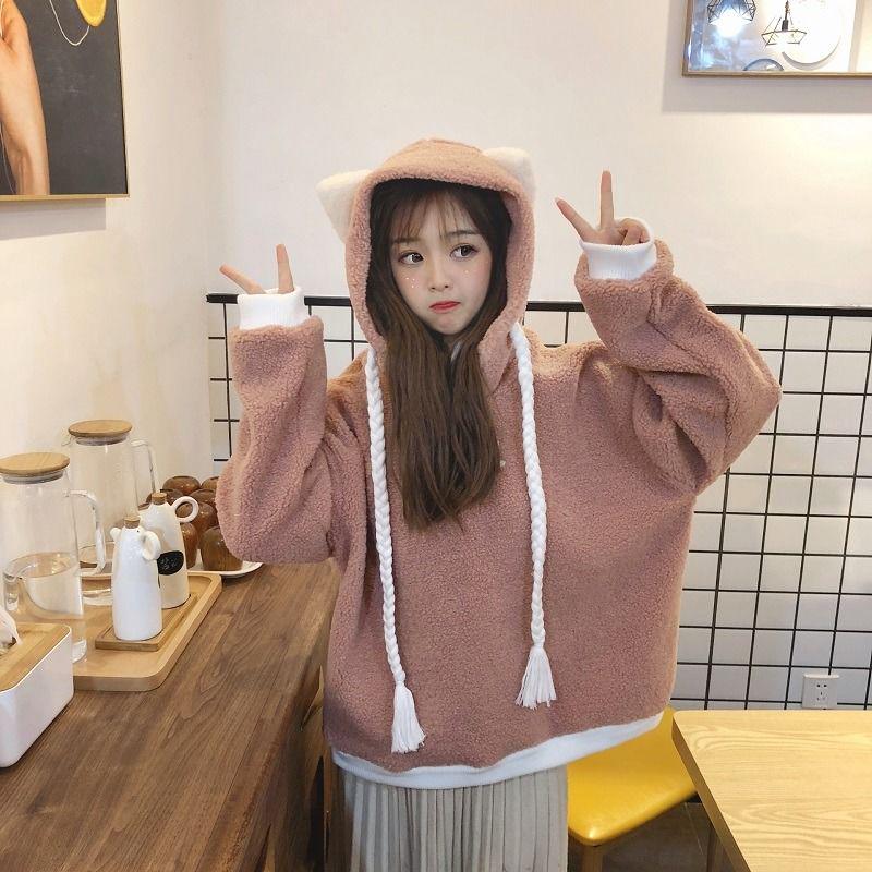 Large size long sleeve warm hooded Top Autumn winter sweater cotton women Sweatshirt wild