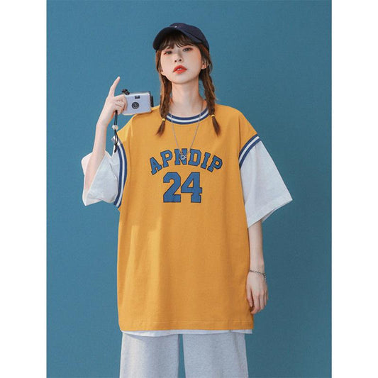 Sportswear Casual Short-sleeved Fake Two-piece T-shirt Women's Unisex Summer Loose Design Small Trendy Tops