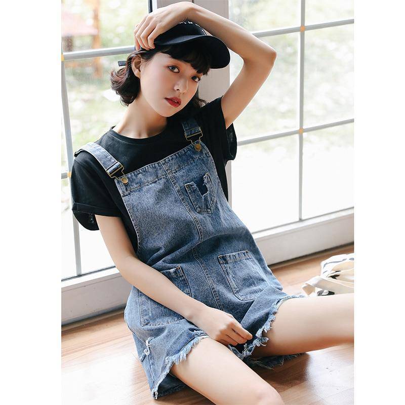 T-shirt Overalls Suits Women T-shirt  Elastic Waist Strap Denim Shorts Two Piece Short Set