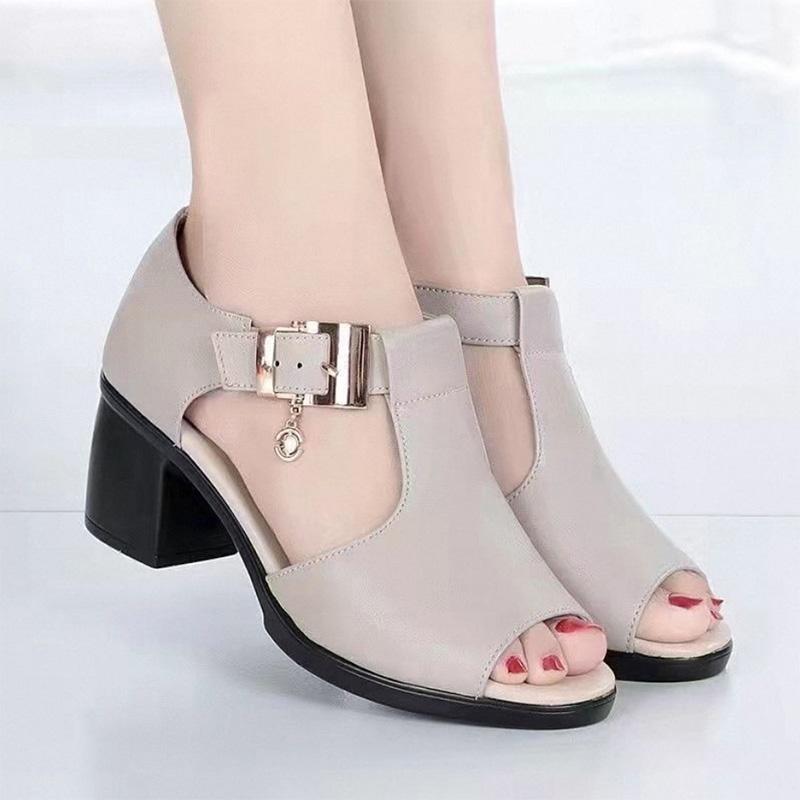 Fish Mouth Sandals Women's Buckle Velcro Outer Wear Thick Heels Middle-heeled Thick Shoes Middle-aged Mother Shoes