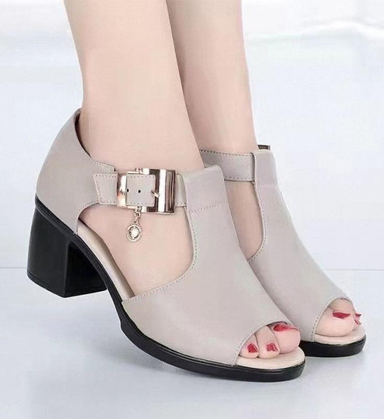 Fish Mouth Sandals Women's Buckle Velcro Outer Wear Thick Heels Middle-heeled Thick Shoes Middle-aged Mother Shoes