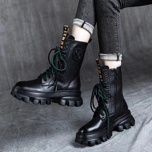 Leather Martin Boots Sponge Cake Thick-soled Round Toe Retro Mid-tube Boots Female British Style Boots Autumn Single Boots