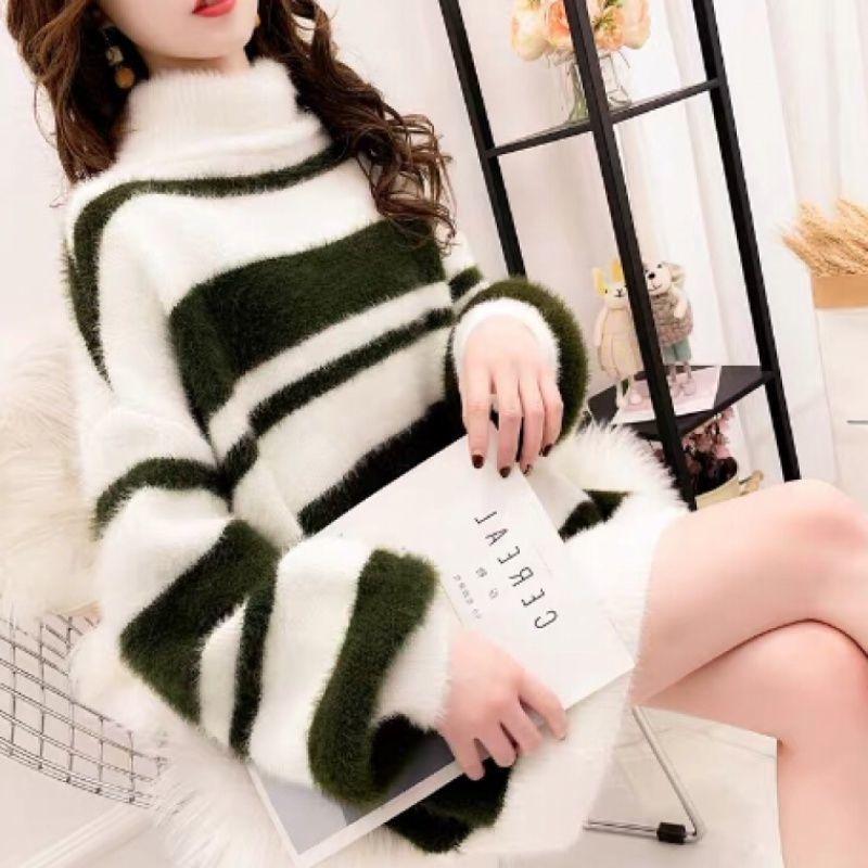 Autumn and Winter Mohair Loose Sweater High Neck Pullover Casual Top Thick Striped Women's Sweater