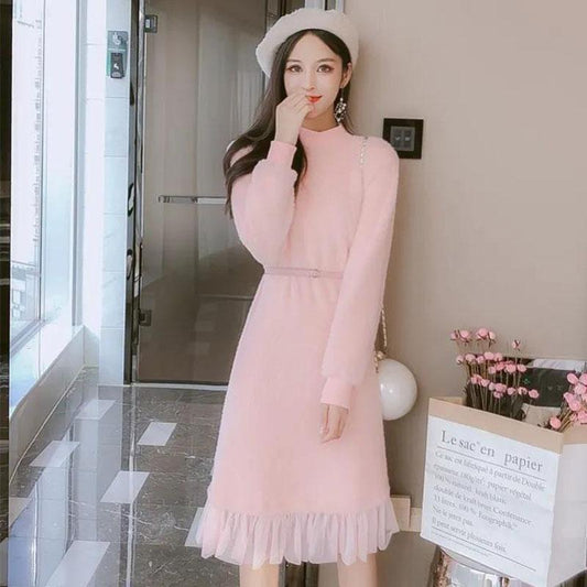 Autumn and Winter Plush Warm Dress Korean Loose Large Size Lace Mesh Pure Color Bottoming Skirt