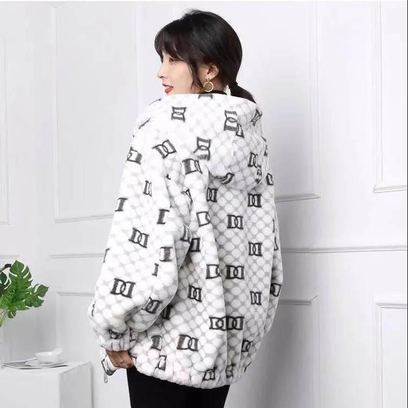 WTEMPO Plus Cotton Thick Imitation Rabbit Fur Coat Female Printed Letters Western Style Loose Warm Coat