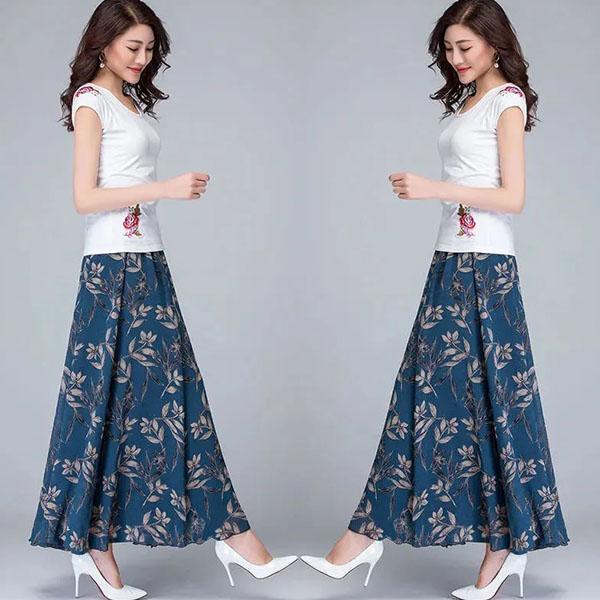 Women's Summer Ice Silk Floral Printing Skirt Elastic High Waist A-line Skirt Large Size Long Large Swing Skirt All-match Casual Skirt