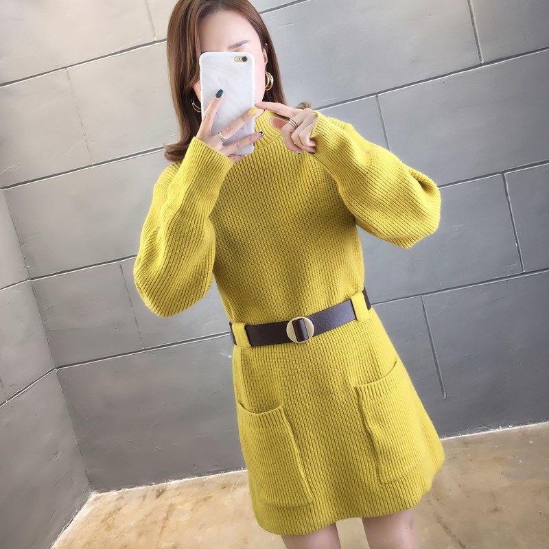 Korean Style Loose Outer Wear Mid-length Sweater Women Waist Slim Half Turtleneck Long Sleeve Autumn  Winter Base Sweater Dress