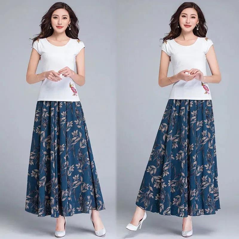 Printed Chiffon Skirt A-line Skirt Temperament Beach Skirt Large Swing Skirt Thin Breathable Ice Silk Floral Skirt