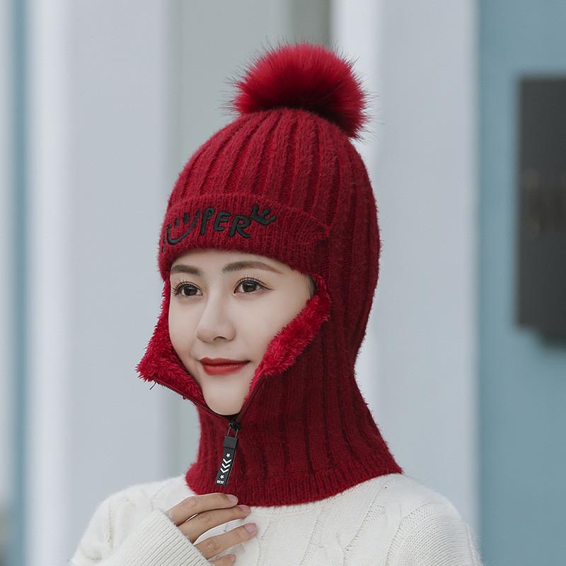 Winter Hat Ladies Knitted Hat Warm Plush Pompom Hat Skull Hat Women Girls Mask Hat Upgrade Version with Zipper