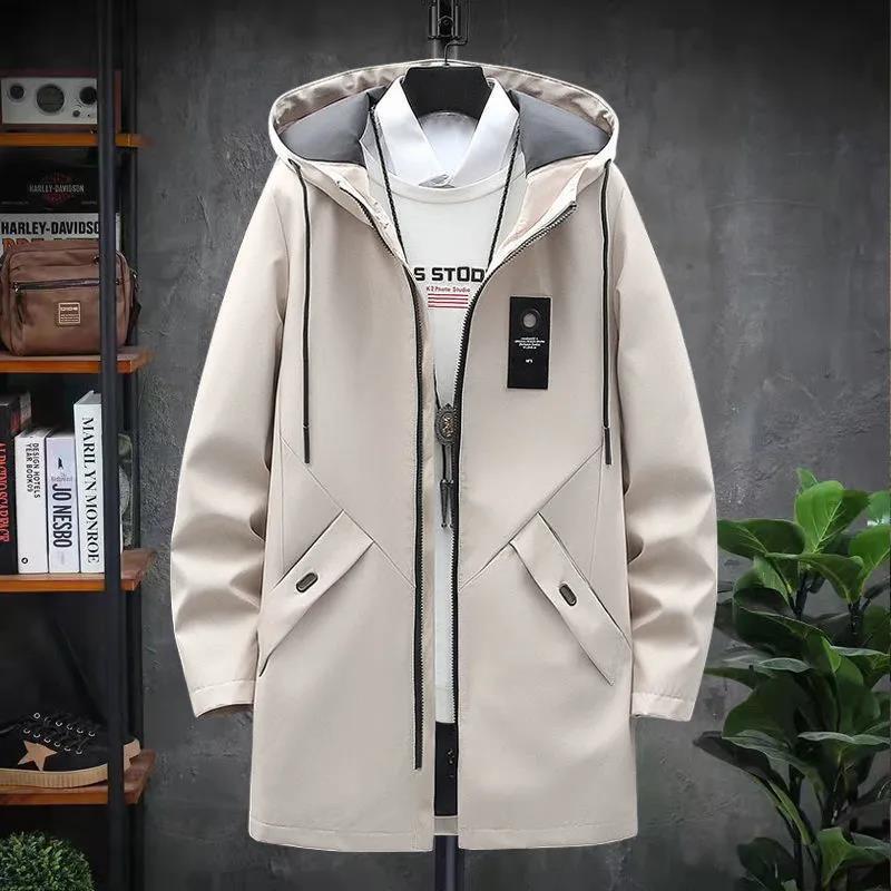 Spring & Fall Men Jacket Long Hooded Coat Casual Loose Windbreaker Solid Color Trend Parka for Youth