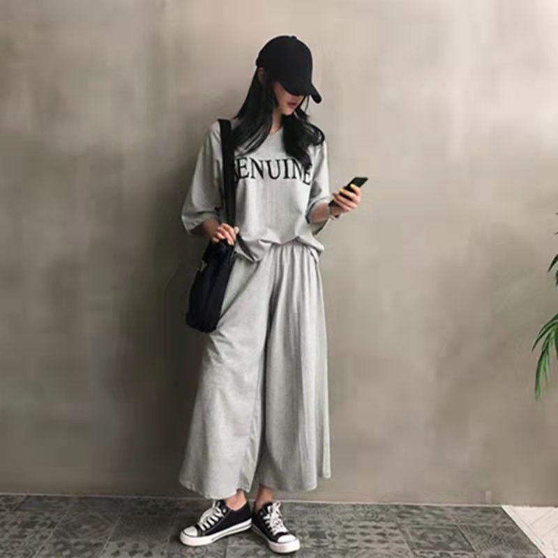 Plus Size Ladies Suit Letter Loose Short Sleeve T-Shirt Wide Leg Pants Two Piece Casual Sports Suit Athletic Girl Jogging Suits Track Suit